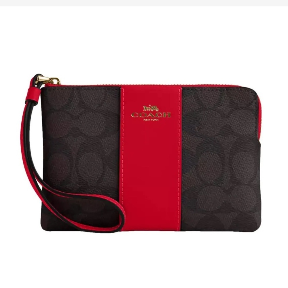 Coach Canvas Red and Brown Leather Wristlet